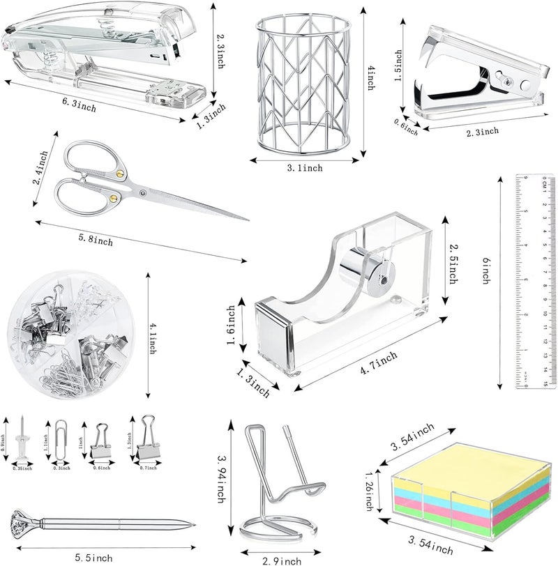 Famassi Office Desk Accessories, Acrylic Stapler, Staple Remover, Tape Holder, Pen Holder, Ballpoint Pen, Scissor, Binder Clips, 1000pcs Staples, Phone Holder, Ruler, Transparent Glue and 300 Notes - Image 2